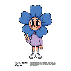Cute Retro Flower Character Mascot in Groovy Clothes Making a Peace Sign Vector Illustration