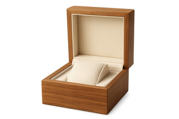Wooden watch box opening empty on transparent background