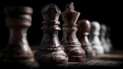 Close up view of dark wooden chess pieces arranged in a row highlighted by dramatic lighting and deep shadows