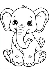 Line drawing of a cute baby elephant sitting isolated on a white background