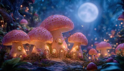 Magical mushroom village at night under moonlight in a fantasy forest