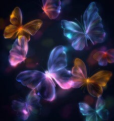Luminous butterflies floating against dark background with colorful light
