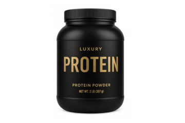 Black protein powder tub on transparent background