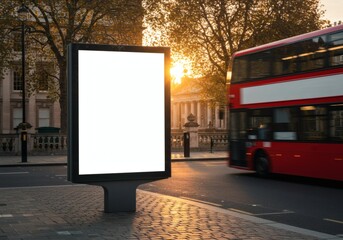 Blank Billboard on London Street at Golden Hour with Red Double-Decker Bus Motion Blur