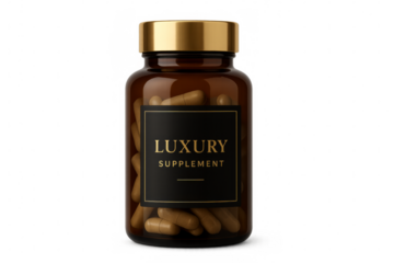 Supplement bottle featuring luxury label and golden cap