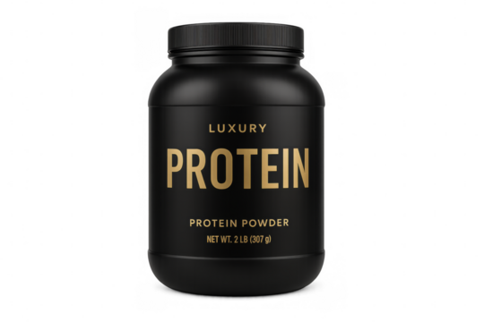 Black protein powder tub on transparent background