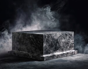 Marble cube platform in dark environment with smoke for product display