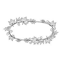 Obraz premium Minimalistic outline oval frame with leaves and acorns on a white background and copy space