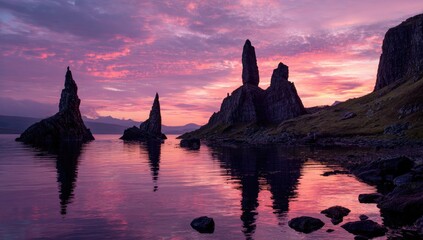 Majestic rock formations reflected in calm water under a vibrant sunset sky