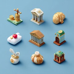 Miniature buildings and objects against a blue background for diverse applications