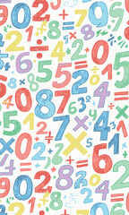 Vibrant Watercolor Numbers and Arithmetic Symbols Create a Playful, Educational Seamless Pattern Background