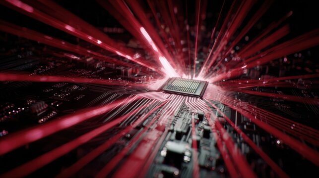 An abstract view of a microprocessor with radiant red beams highlighting the intricate details of technology.