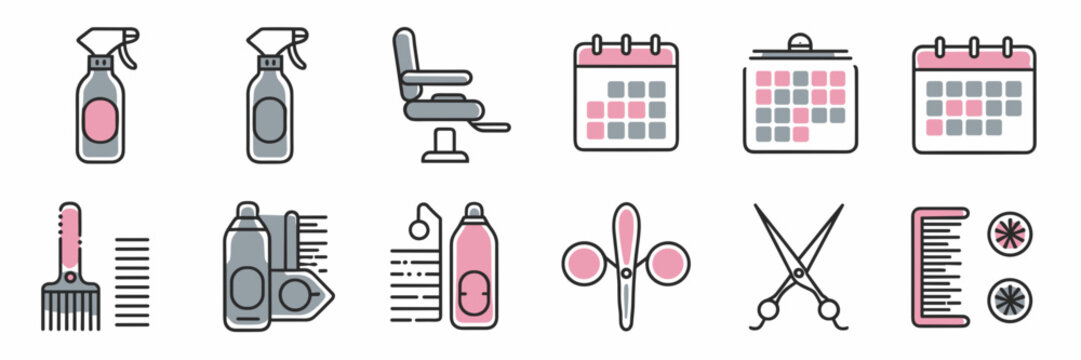 Vector icon sheet for hairdresser branding – hair spray, salon chair, calendar, and beauty tools – Perfect for beauty salons, hairstylist branding, or appointment apps