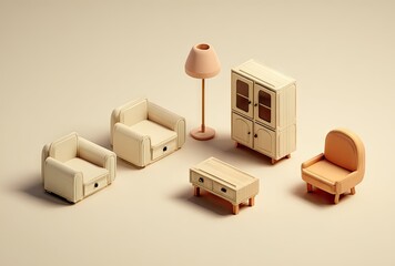 Miniature furniture arrangement illustration on neutral backdrop for design concept