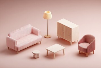 Miniature living room furniture set on pink background for design concepts