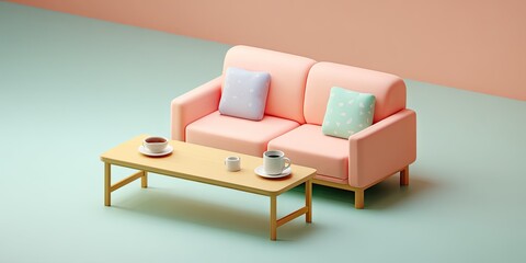 Minimalist interior scene with sofa coffee table and pastel color background