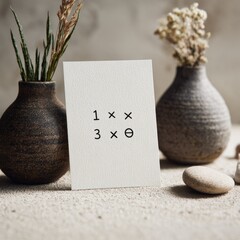 Minimalist composition with vases stone and mathematics concept card