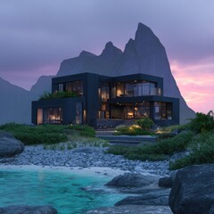 Modern architectural home nestled beside a tranquil body of water near mountains