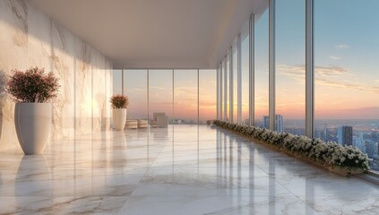 Modern balcony with cityscape view and large windows at sunset
