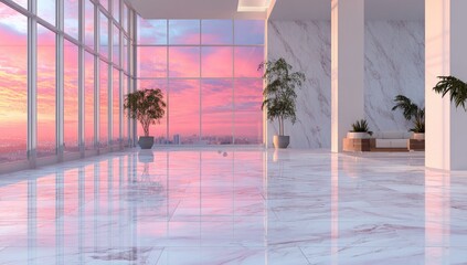 Modern architectural interior with large windows showing pink sunset sky view