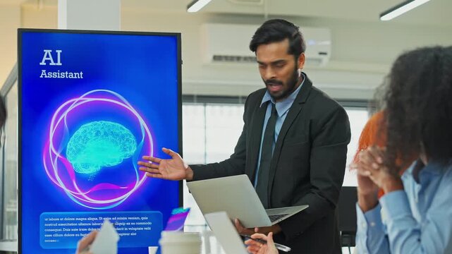 Diverse business professionals male and female meet in bright office interior, using AI virtual assistant to brainstorm, connect big data dots, discuss creative strategy teamwork growth and progress