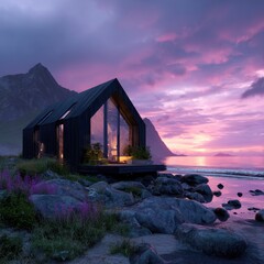 Modern cabin nestled on a rocky coast under a vibrant sunset sky