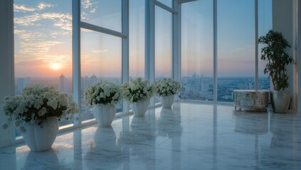 Modern interior with city view flowers and natural light