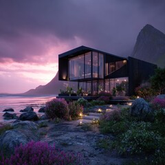 Modern house with large windows near the ocean during a colorful sunset