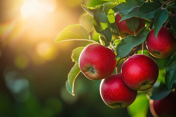 Ripe red apples tree glowing morning sunlight with green leaves and sunlight background fresh fruit orchard healthy natural outdoor harvest seasonal vibrant colorful fruit tree garden agriculture