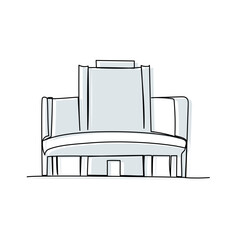 Linear minimalist outline of a classic cinema building, abstract gray vector illustration of movie theater architecture
