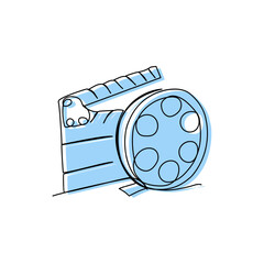 Minimalist blue outline of a film clapperboard with reel, abstract vector illustration of movie production