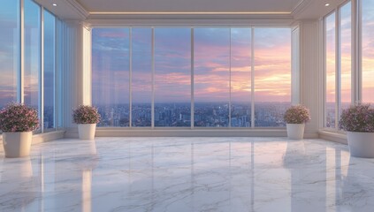 Modern interior with large windows overlooking cityscape at sunset