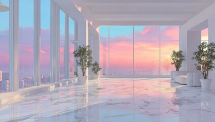 Modern interior with large windows and scenic sunset view