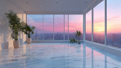 Modern interior with large windows and colorful sunset view background