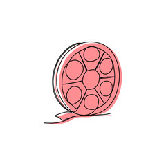 Minimal abstract outline of a film reel in soft red, linear icon representing classic cinema and movie history