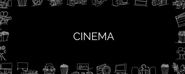 Cinema one line set on black background. Minimalist outline frame of retro and modern cinema equipment in linear style