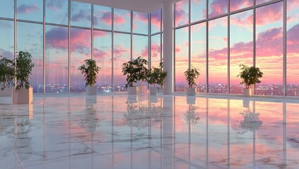 Modern office interior with large windows overlooking sunset sky