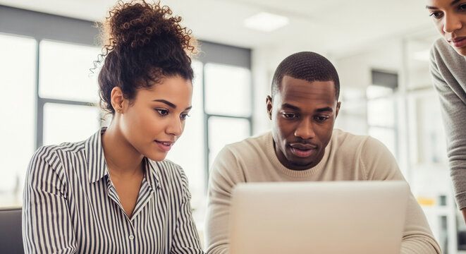 Three young African American colleagues collaborate on a laptop, showcasing teamwork and focused problem-solving in a modern office setting