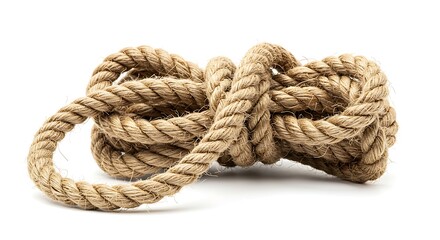 Obraz premium A thick hemp rope coiled and loose in a tangle, with a visibly fibrous texture and a pure white background.