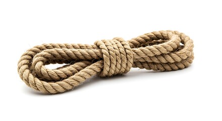Obraz premium A thick hemp rope coiled and loose in a tangle, with a visibly fibrous texture and a pure white background.