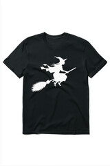 Halloween witch riding broom t-shirt design spooky theme black background graphic apparel fun concept
