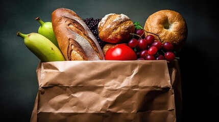 paper bag, various fruits and pastries, tomatoes, bread, close-up, food photography, still life, natural light, textured background, rich colors
