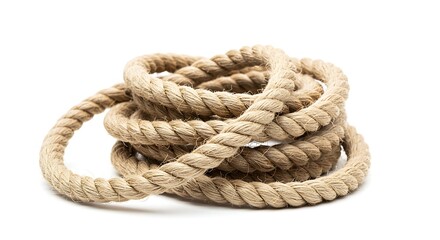 Obraz premium A thick hemp rope coiled and loose in a tangle, with a visibly fibrous texture and a pure white background.