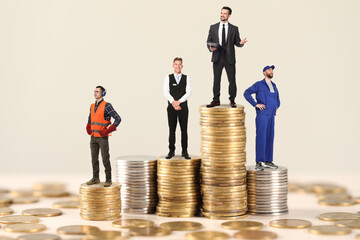 People of various professions standing on different stacks of coins according to their salaries against beige background. Concept of rich, wealth