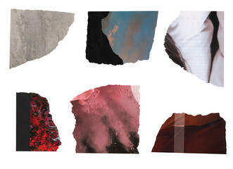 Set of six torn paper pieces with different textures and colors on a transparent background. Perfect for creating modern collages, abstract compositions, art projects, posters, and digital design.