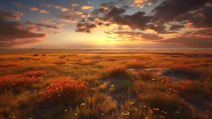 dramatic sunset, serene meadow, vibrant golden hour, rolling hills, lush wildflowers, atmospheric clouds, picturesque landscape, cinematic lighting, warm tones, detailed foliage, scenic vista, nature 