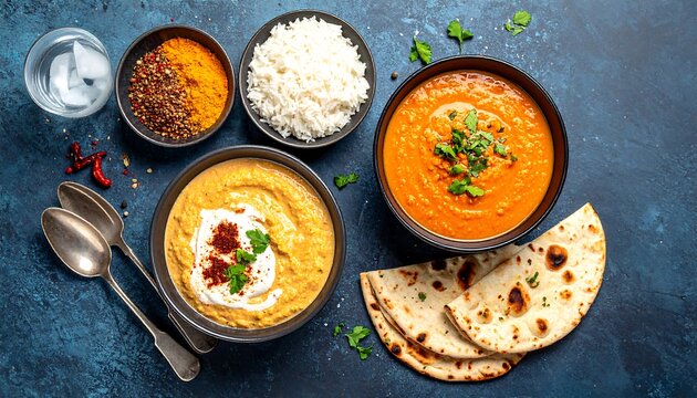 Indian dishes on a dark blue surface