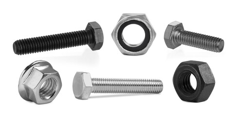 Different bolts and nuts isolated on white, set