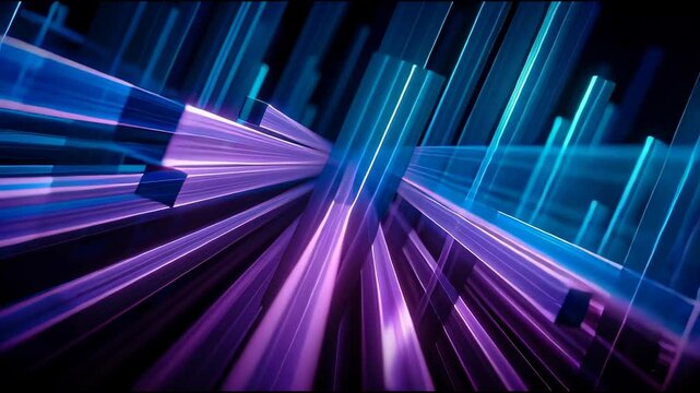 Geometric shapes in blue and purple colors interact and shift in a mesmerizing display. This abstract animation captures attention with its vibrant design and energy.