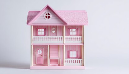 Pink dollhouse on white background miniature home concept and design